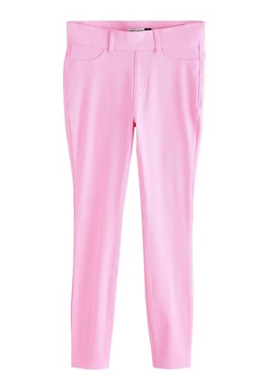 Ružové priliehavé legíny s prednými a zadnými vreckami, očkami na opasok a stredne vysokým pásom, vyrobené z mäkkej džersejovej látky.