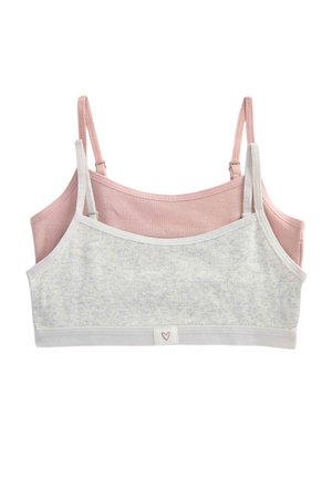Dwa prążkowane bawełniane topy bralette z regulowanymi ramiączkami, jeden w jasnoszarym, drugi w delikatnym różowym, ułożone warstwowo na białym tle.
