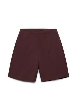 Hoch taillierte dunkelbraune Shorts mit aufgesetzten Vordertaschen, Gürtelschlaufen und Doppelknopfverschluss.