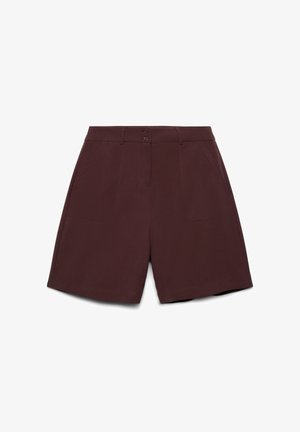 Hoch taillierte dunkelbraune Shorts mit aufgesetzten Vordertaschen, Gürtelschlaufen und Doppelknopfverschluss.