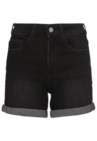 Svarta jeansshorts med hög midja, uppvikta muddkanter och femfickorsdesign. Slät textur med subtila sömmar och metallbeslag.