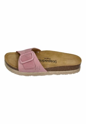 Single pink suede slide sandal with adjustable buckle strap, cork footbed, and textured beige sole.