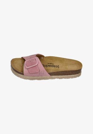 Single pink suede slide sandal with adjustable buckle strap, cork footbed, and textured beige sole.