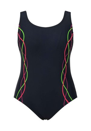 Costume da bagno intero blu navy con scollo rotondo, caratterizzato da linee geometriche multicolori in rosa, verde e viola lungo i lati. Texture liscia.