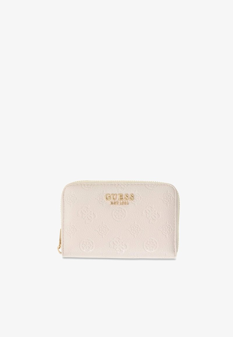 Portefeuille blanc Guess zippé tout autour, avec motif logo embossé et lettrage doré Guess EST 1981 à l'avant.