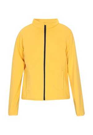 Gul zip-up jakke med en mock krave, marineblå lynlås, to sidelommer og lange ærmer. Lavet af glat, letvægtsstof.