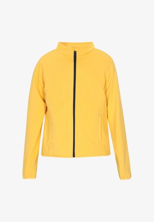 Gul zip-up jakke med en mock krave, marineblå lynlås, to sidelommer og lange ærmer. Lavet af glat, letvægtsstof.
