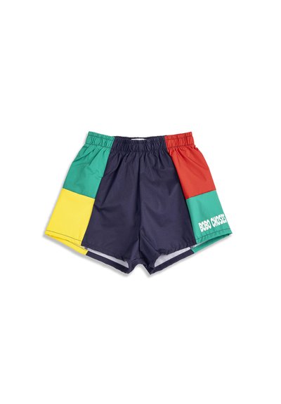 Color-blocked shorts with elastic waistband, featuring navy, green, red, and yellow panels and white "BOBO CHOSES" text on the green section.