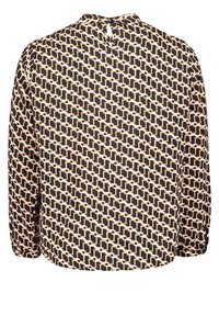 Blusa nera e marrone con un motivo geometrico, maniche lunghe e chiusura a occhiello sul retro. Tessuto leggero.