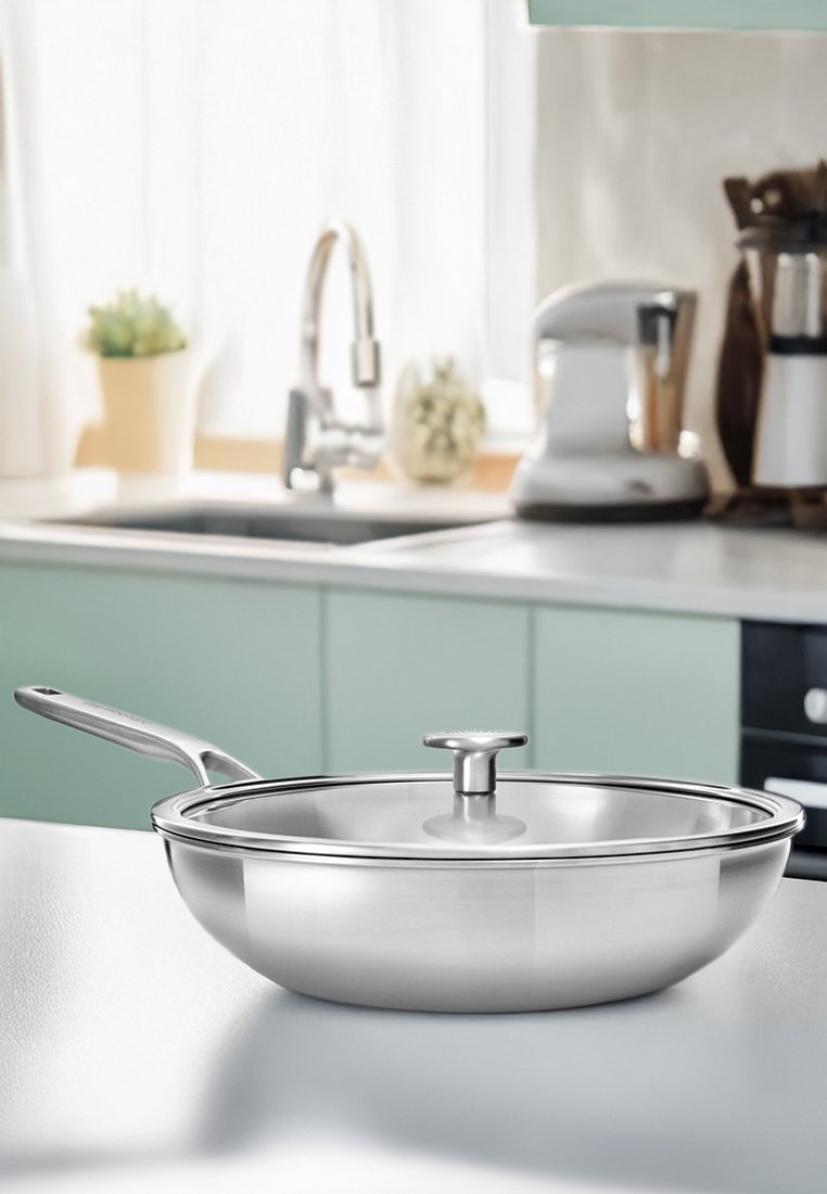 Roestvrijstalen koekenpan met een glazen deksel, ronde vorm, gepolijste afwerking en een gestructureerd handvat. Geplaatst op een lichte aanrecht in een keuken.