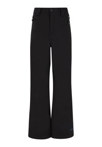 Pantaloni neri a gamba larga realizzati in un tessuto resistente all'acqua. Presentano una tasca con zip sul lato e una chiusura con bottone in vita.