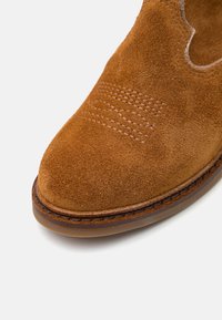 Brauner Wildlederstiefel mit dekorativer Naht und Lederbesatz auf einem hellen Hintergrund.