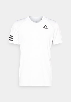 T-shirt de sport Adidas blanc à manches courtes avec logo noir sur la poitrine et trois bandes noires sur la manche gauche sur fond uni.