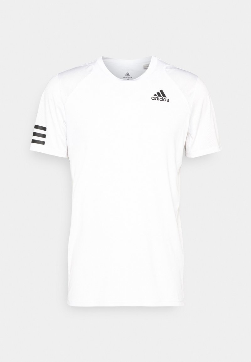 T-shirt de sport Adidas blanc à manches courtes avec logo noir sur la poitrine et trois bandes noires sur la manche gauche sur fond uni.