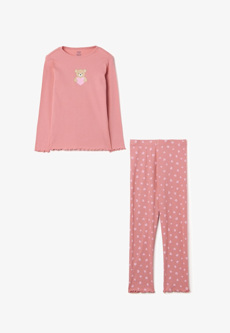 Top a maniche lunghe rosa con grafica di un orso sul petto, abbinato a leggings coordinati con piccoli cuori, entrambi con orli arricciati.