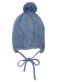 Knit cap in light blue with a rounded shape, featuring a pom-pom on top, ties for securing under the chin, and textured fabric.