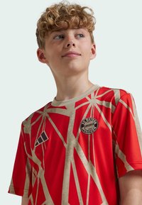 Camiseta deportiva roja con patrones geométricos en beige. Presenta el logo del FC Bayern München. Diseño de mangas cortas y cuello redondo. Textura suave.