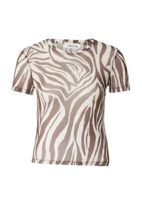 Kurzarmsgemusterte Oberteil aus leichtem Stoff mit einem Braun- und Creme-Zebra-Streifenmuster. Klassischer Rundhalsausschnitt und figurnahes Design.