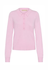 Roze gebreide lange mouw polo trui met een kraag, voorzien van een knoopsluiting met vijf knopen en een ribgebreide zoom. Zachte textuur, aansluitend ontwerp.