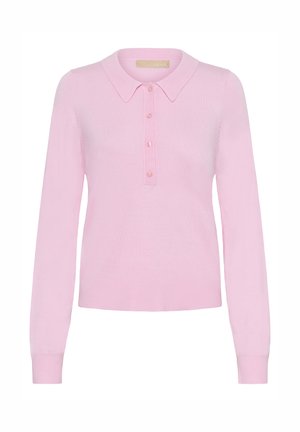 Pink knitted long-sleeve polo sweater with a collar, featuring a five-button placket and ribbed hem. Soft texture, fitted design.