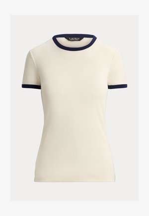 Κρεμ κοντομάνικη μπλούζα με στρογγυλή λαιμόκοψη και περιθώριο στα μανίκια σε ναυτικό μπλε ριπ ύφασμα. Λείο ύφασμα με εφαρμοστή γραμμή χωρίς μοτίβα ή διακοσμητικά στοιχεία.