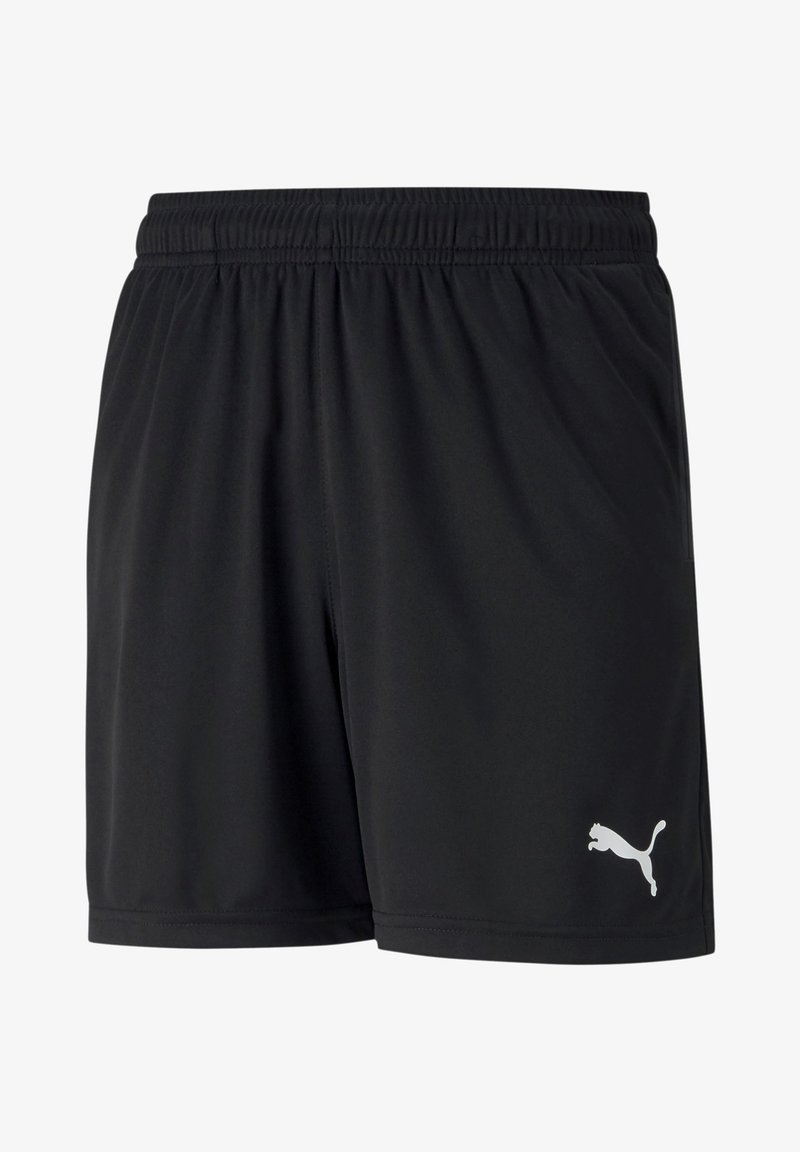 Mustad mustad sportlikud lühikesed püksid sujuvast kangast, elastse vöökohaga, mille paremas alumises nurgas on valge Puma logo.