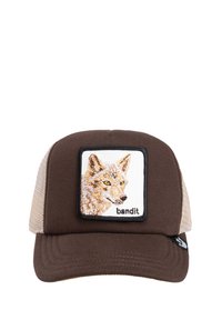 Cappellino marrone con retro in rete, caratterizzato da una toppa quadrata che raffigura un'illustrazione di una volpe e la parola "bandito" sotto.