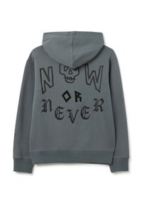 Grauer Kapuzenpullover mit einem schwarzen Totenkopf-Graphic und dem Text "JETZT ODER NIE" in verschiedenen Schriftarten am Rücken. Glatte Textur, gerippte Bündchen.