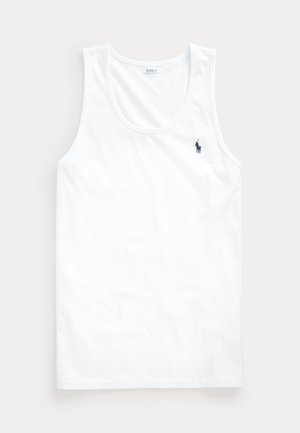 Maiou alb fără mâneci, cu guler rotund și logo mic al calului Polo Ralph Lauren bleumarin pe pieptul stâng.