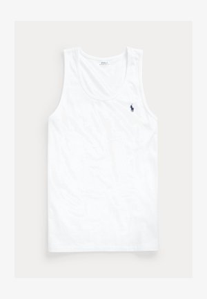 Weißes ärmelloses Tanktop mit rundem Ausschnitt und kleinem dunkelblauem Polo Ralph Lauren Pferdelogo auf der linken Brust.