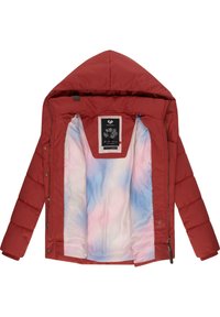 Red padded jacket with a hood, featuring a smooth, colorful interior pattern of blue and pink, and a zipper closure with logo label.