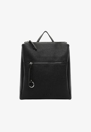 Schwarzer Leder-Rucksack mit strukturierter Oberfläche, einem oberen Tragegriff, einer Fronttasche mit Reißverschluss und kreisförmigen Hardware-Details. Strukturierte, minimalistische Gestaltung.