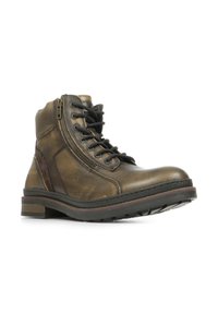 Bottines en cuir marron avec laçage et fermeture éclair, surface texturée, bout rond et semelle en caoutchouc robuste. Détails de couture minimaux.