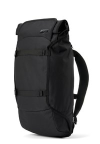 Black roll-top backpack made of durable fabric, featuring adjustable straps, a padded back, and a sleek, minimalistic design.