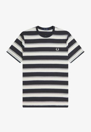 Kurzärmeliges T-Shirt mit Rundhalsausschnitt, schwarz-weiß gestreift, mit kleinem Lorbeerkranz-Logo auf der linken Brust.