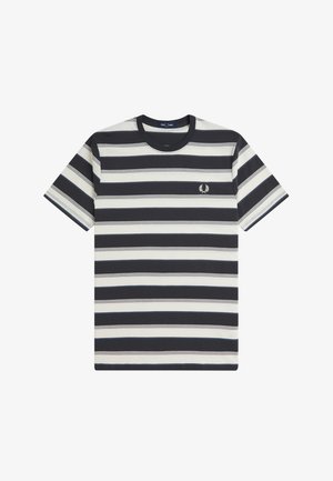 Camiseta de manga corta con cuello redondo, con rayas horizontales en blanco y negro y un pequeño logotipo de corona de laurel en el pecho izquierdo.