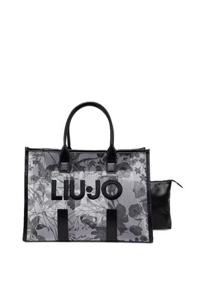 Bolsa tote transparente con estampado floral negro y asas negras, con un gran logo LIU·JO en la parte delantera y una pequeña bolsa negra al lado.