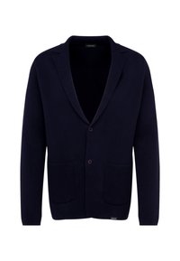 Marinblå cardigan tillverkad av stickat material, med sjalkrage, två framfickor och en enkel knappstängning.