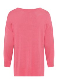 Maglione rosa con una vestibilità ampia, scollatura larga e maniche a tre quarti. Texture morbida, polsini e orlo a costine, e un dettaglio con cucitura centrale.