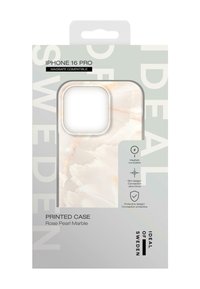 iPhone 16 Pro hoes in Rose Pearl Marble, met een glanzende afwerking, abstract marmerpatroon, slank ontwerp en MagSafe-compatibiliteit.