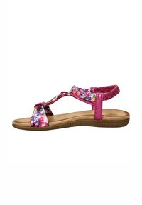 Sandal met bloemenpatroon, roze en paarse banden, verstelbare achterband en een gevoerde tan zool. Heeft een ritsdetail aan de zijkant.