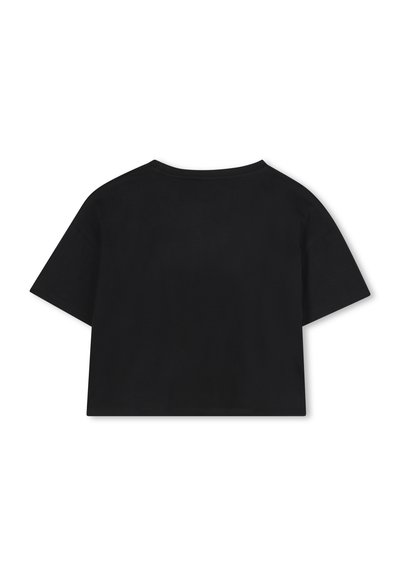 Zwart cropped t-shirt met korte mouwen, ronde halslijn en een gladde, egale textuur. Geen zichtbare patronen of accenten.