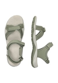 Gröna sandaler med justerbara remmar, en texturerad, vadderad sula och en hållbar, mönstrad gummisula för bra grepp.