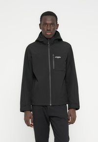 Black waterproof jacket with a hood, front zip, and chest pocket. Features sleek, smooth texture and a minimalist design.