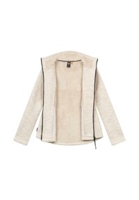 Veste en polaire beige avec un extérieur texturé, une doublure intérieure douce, des poches avant et une fermeture éclair. Dotée d'une capuche et d'accents contrastants.