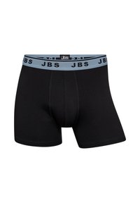 Schwarze Boxershorts aus weichem Stoff, mit einem hellblauen elastischen Bund, auf dem das 'JBS'-Logo in Schwarz aufgedruckt ist. Glatte Textur, mittellange Passform.
