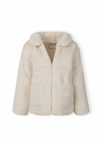 Kremo spalvos dirbtinio kailio striukė su gobtuvu, priekiniais užtrauktukais ir dviem kišenėmis. Minkšta tekstūra ir laisvas siluetas didina komfortą.