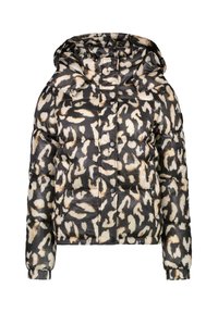 Pufferjack met een capuchon, gekenmerkt door een zwart, beige en bruin luipaardpatroon. Gemaakt van lichtgewicht, gewatteerd materiaal met drukknopen.