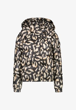 Pufferjack met een capuchon, gekenmerkt door een zwart, beige en bruin luipaardpatroon. Gemaakt van lichtgewicht, gewatteerd materiaal met drukknopen.