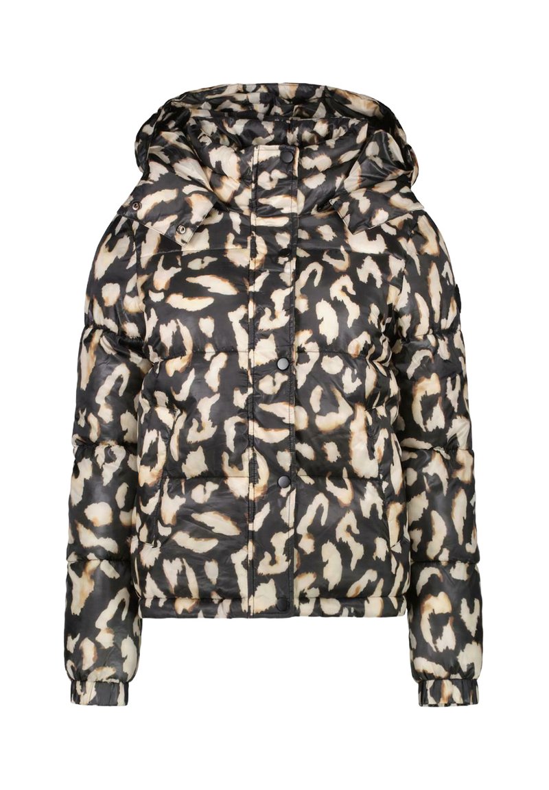 Pufferjack met een capuchon, gekenmerkt door een zwart, beige en bruin luipaardpatroon. Gemaakt van lichtgewicht, gewatteerd materiaal met drukknopen.